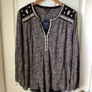 LUCKY BRAND: Black white longsleeve peasant tunic 2X